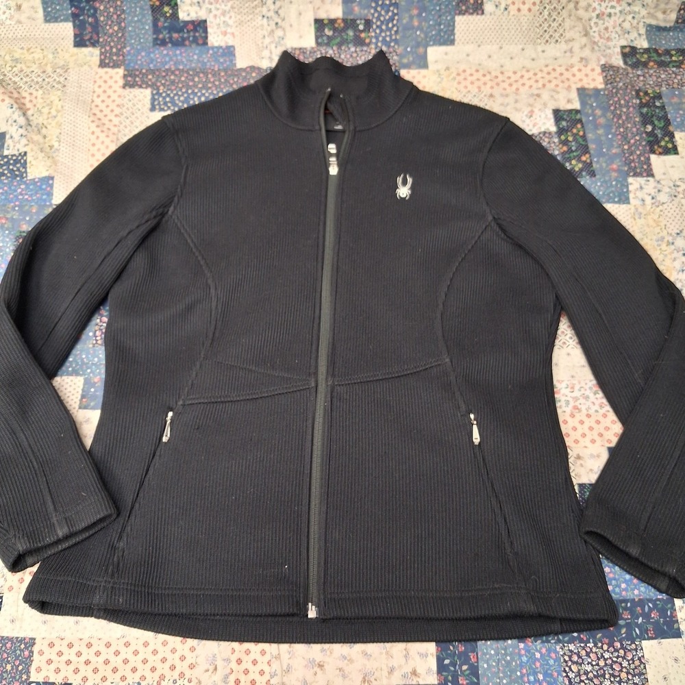Spyder Womens XL Core Sweater Jacket Black Ribbed Knit Fleece Full Zip Ski Top